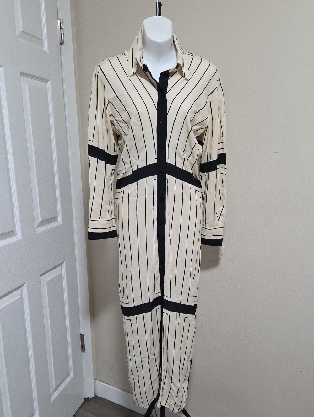 Zara Cream and Black Striped Long Sleeve Shirt Dress